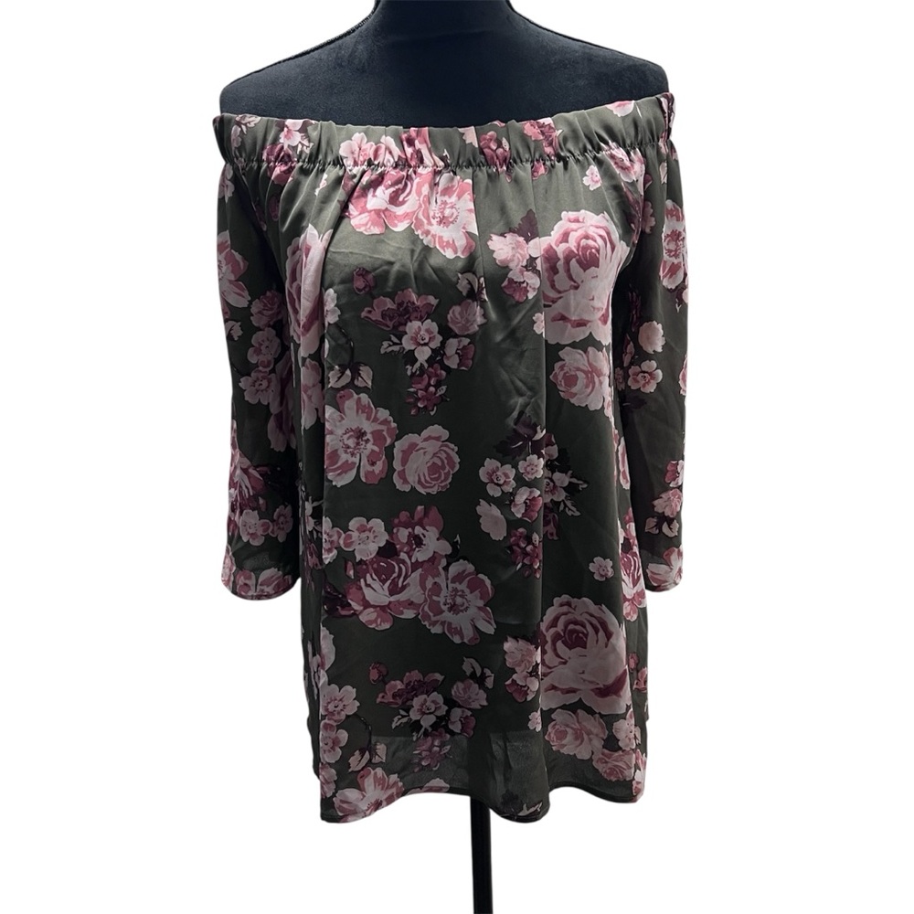 Belle Tweed Womens Size 1X Green Pink Floral Print Off Shoulders Boho Blouse